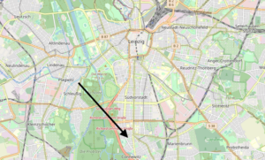 Stadtplan von Leipzig, ein Pfeil markiert den Standort des Straßenfestes